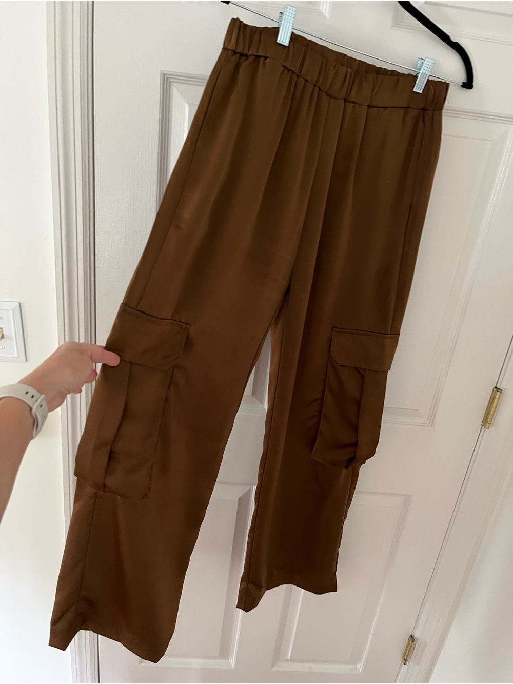 Silky Chocolate Brown Elastic Waist Pants with Cargo Pockets